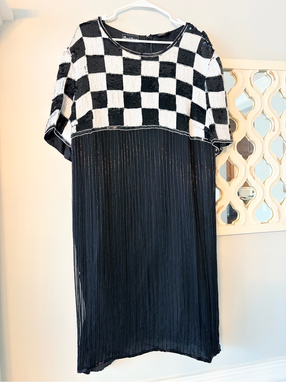 Vintage Beaded Sequin Silk Dress Checkered Black White Whimsical Party Retro